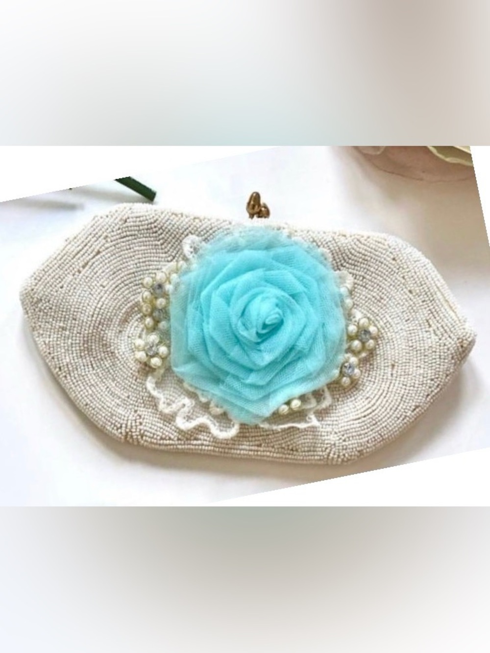 Vintage Beaded Clutch with handmade Aqua Flower appliqué